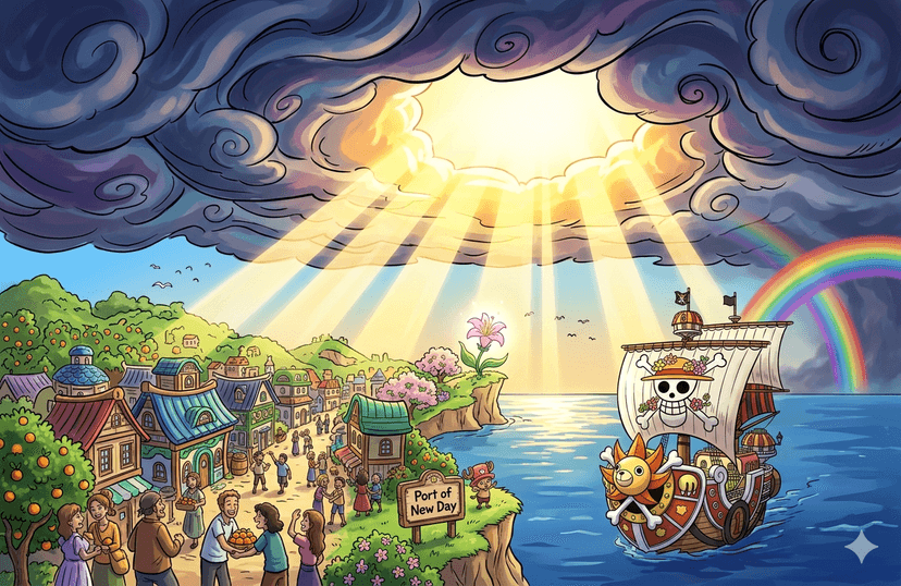 Light breaking through storm clouds, hope and healing